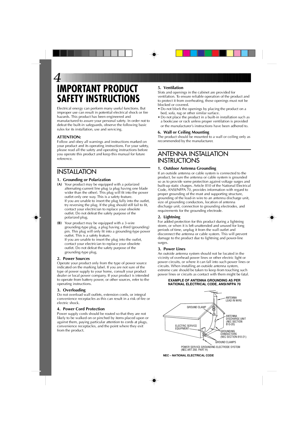 JVC GR-DV1 Ventilation, Wall or Ceiling Mounting, Grounding or Polarization, Power Sources, Outdoor Antenna Grounding 