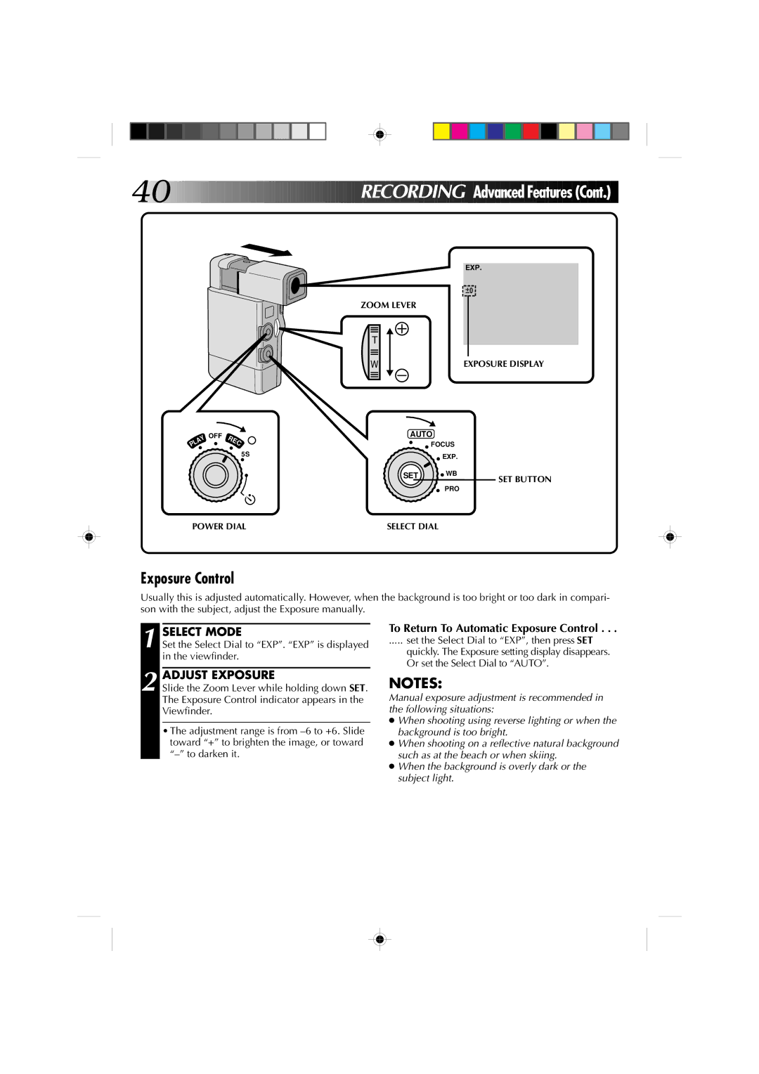 JVC GR-DV1 manual Adjust Exposure, To Return To Automatic Exposure Control 