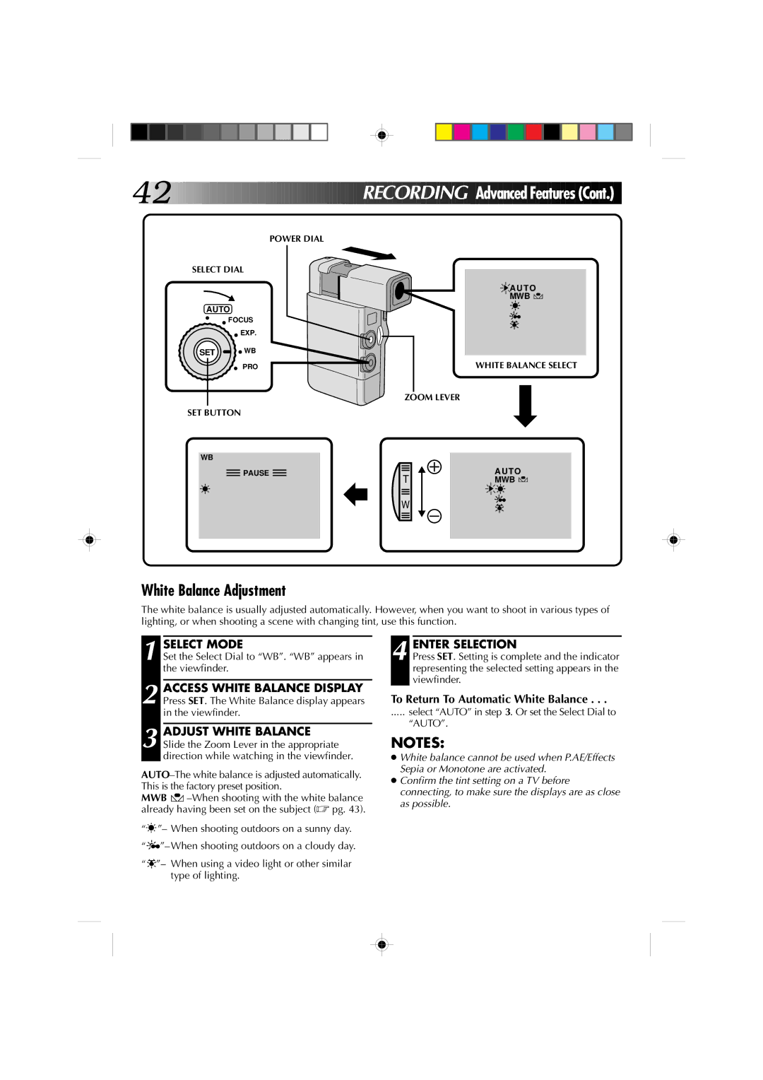 JVC GR-DV1 manual White Balance Adjustment, Enter Selection, To Return To Automatic White Balance 