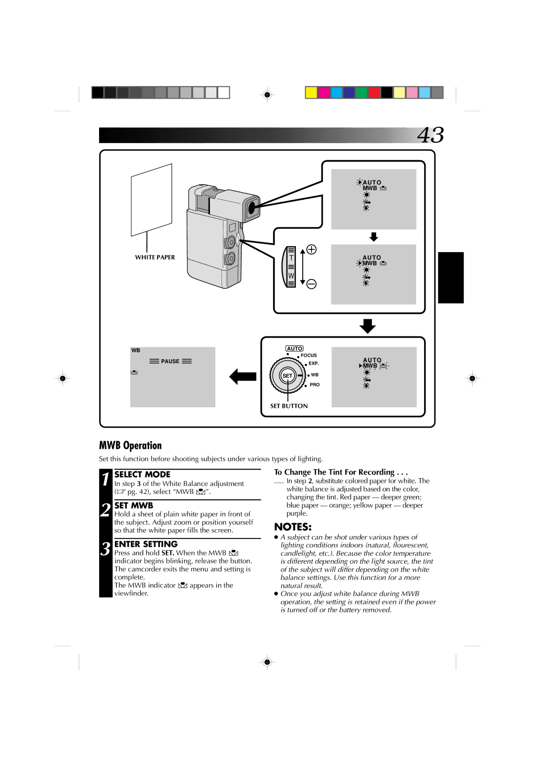 JVC GR-DV1 manual MWB Operation, Set Mwb, Enter Setting, To Change The Tint For Recording 