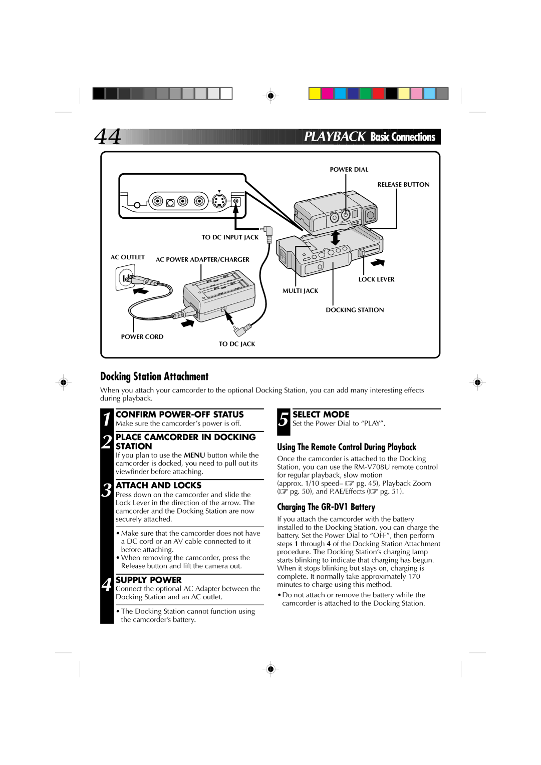 JVC GR-DV1 manual Playba CK Basic Connections, Docking Station Attachment, Using The Remote Control During Playback 