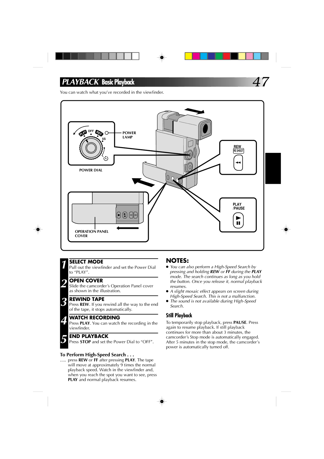 JVC GR-DV1 manual Still Playback, Open Cover, Watch Recording, To Perform High-Speed Search 