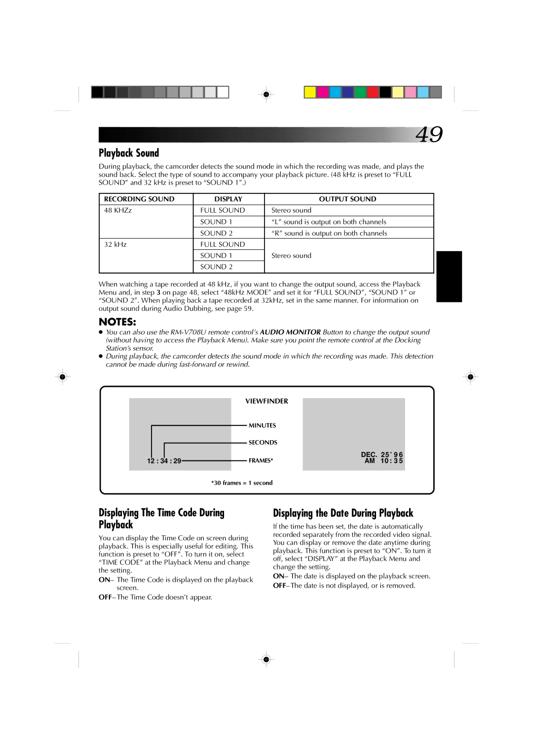 JVC GR-DV1 manual Playback Sound, Displaying The Time Code During Playback, Displaying the Date During Playback, Viewfinder 