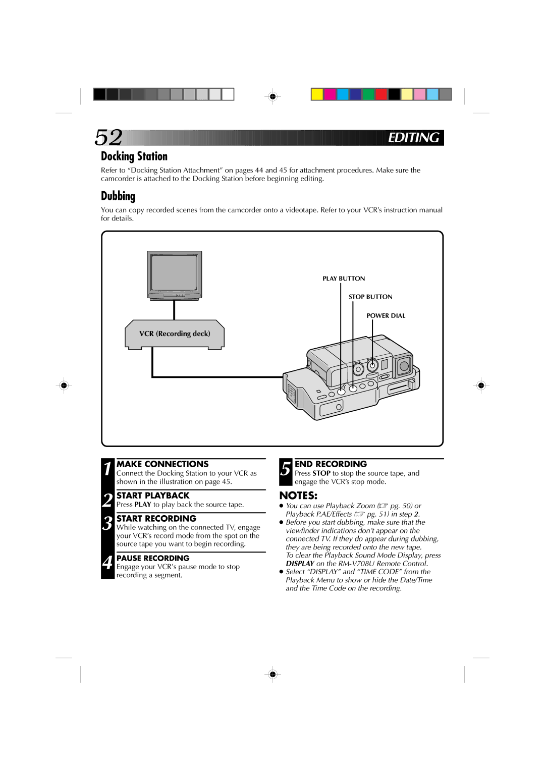 JVC GR-DV1 manual Docking Station, Dubbing, Make Connections, VCR Recording deck, Pause Recording 