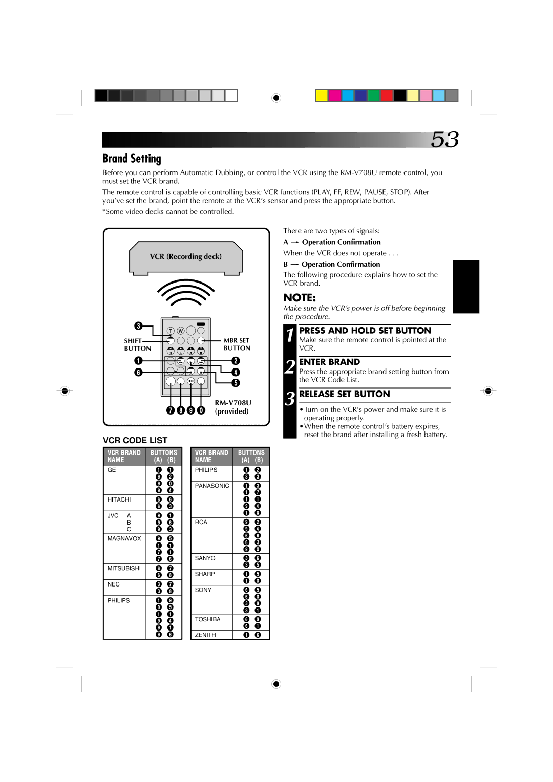 JVC GR-DV1 manual Brand Setting, Enter Brand, Release SET Button, Operation Confirmation 