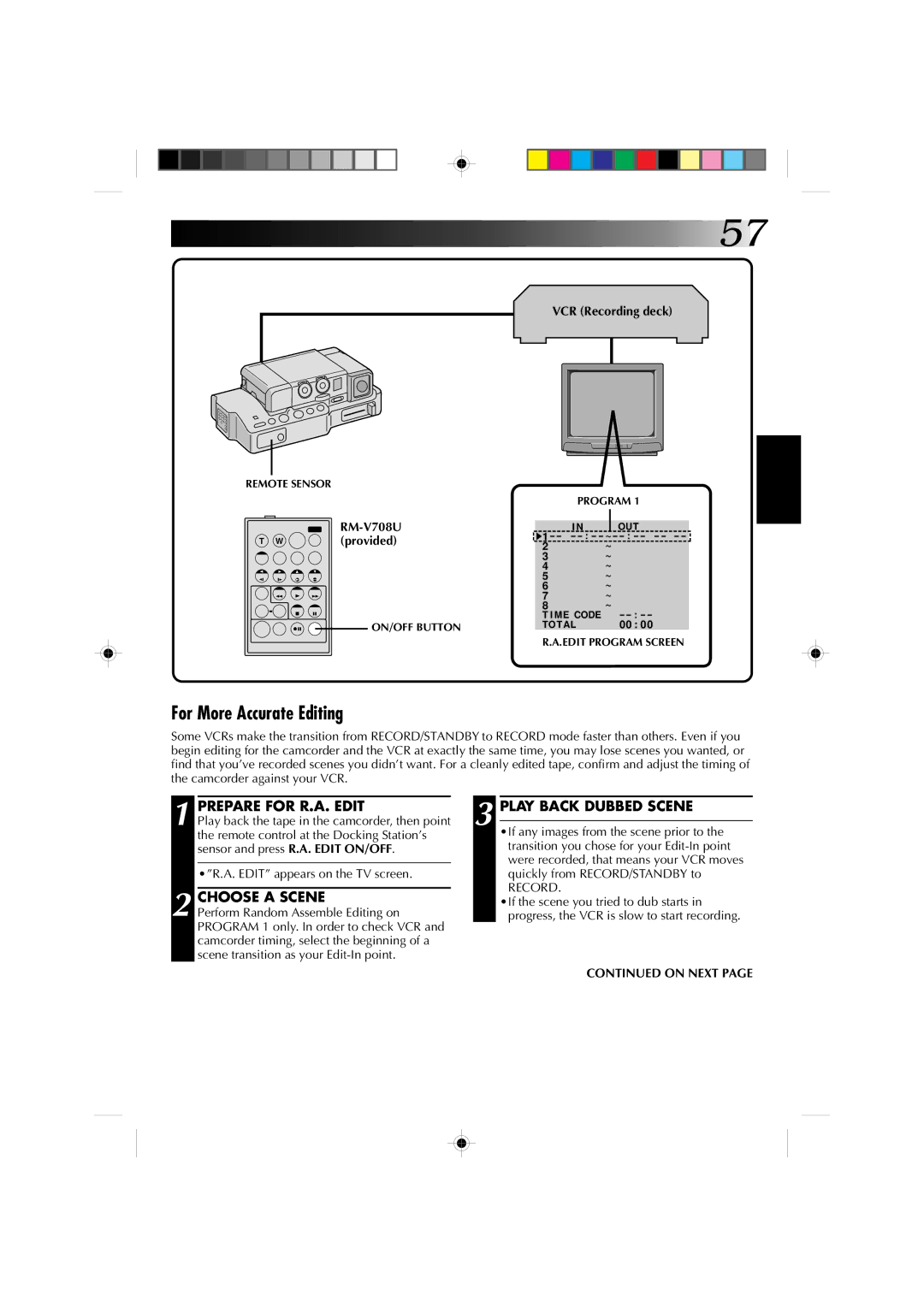 JVC GR-DV1 manual For More Accurate Editing, Prepare for R.A. Edit Play Back Dubbed Scene, Choose a Scene, RM-V708U 