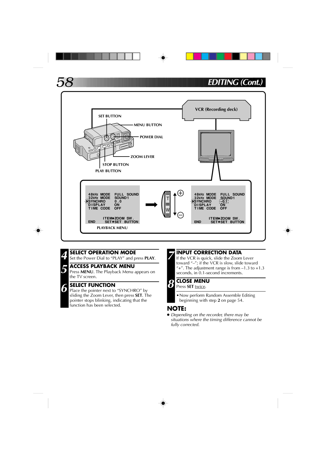 JVC GR-DV1 manual Input Correction Data, Set the Power Dial to Play and press Play 