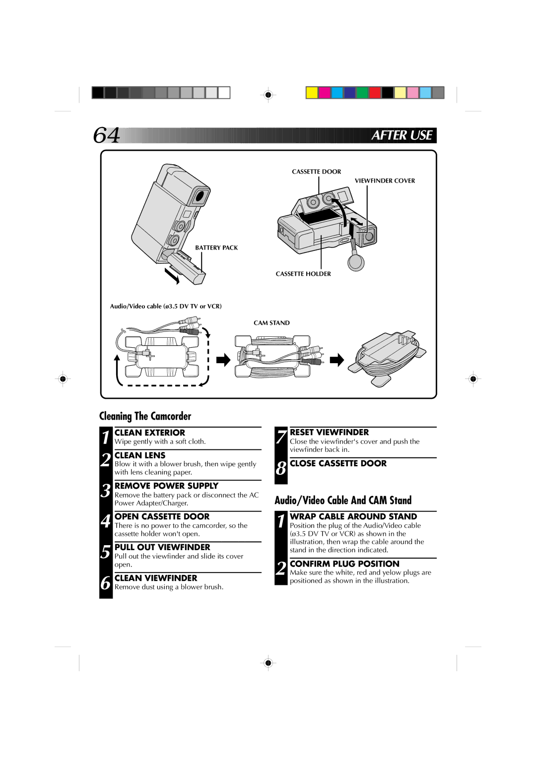 JVC GR-DV1 manual Aft E R Use, Cleaning The Camcorder, Audio/Video Cable And CAM Stand 