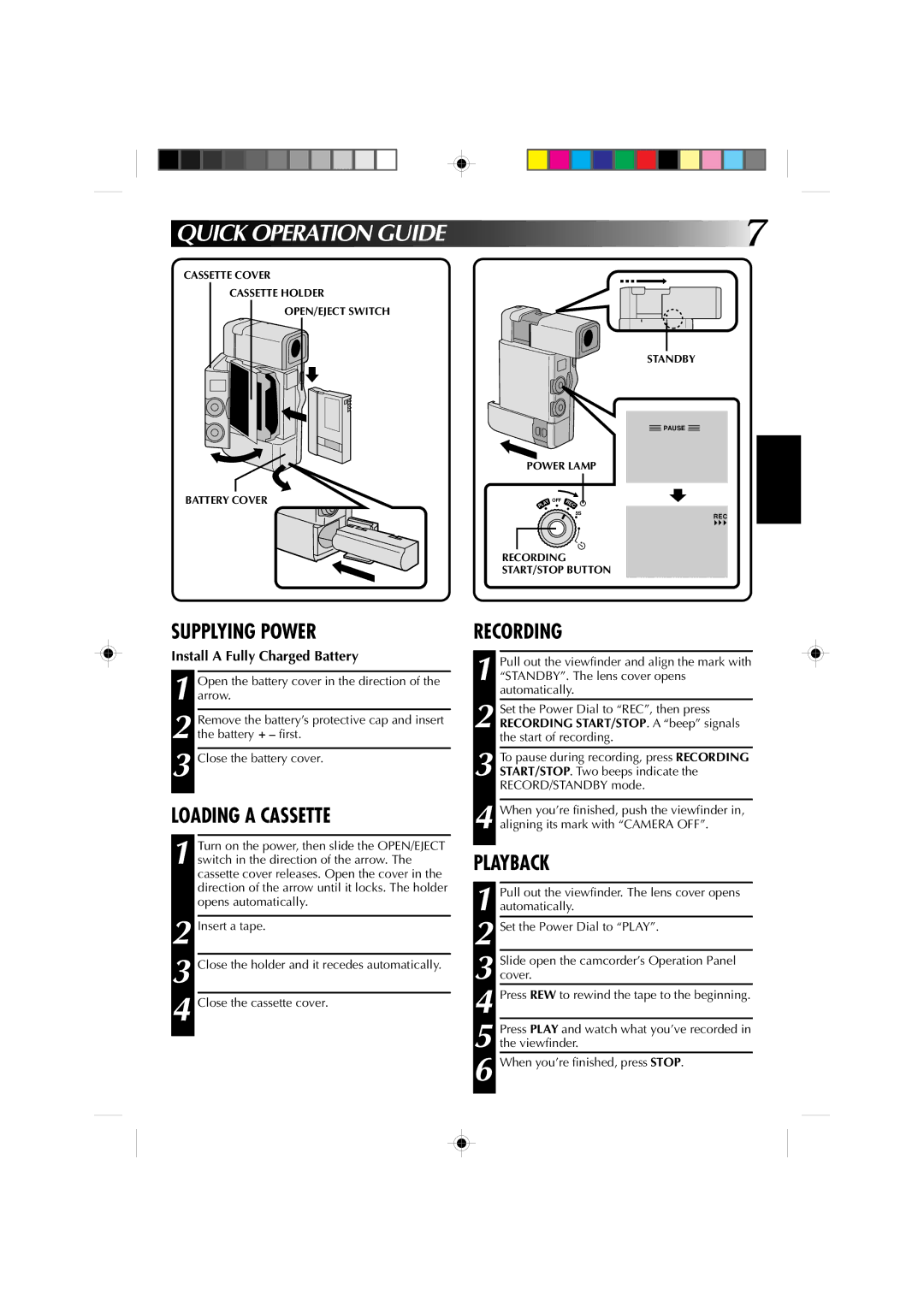 JVC GR-DV1 manual Quick Operation Guide, Install a Fully Charged Battery 