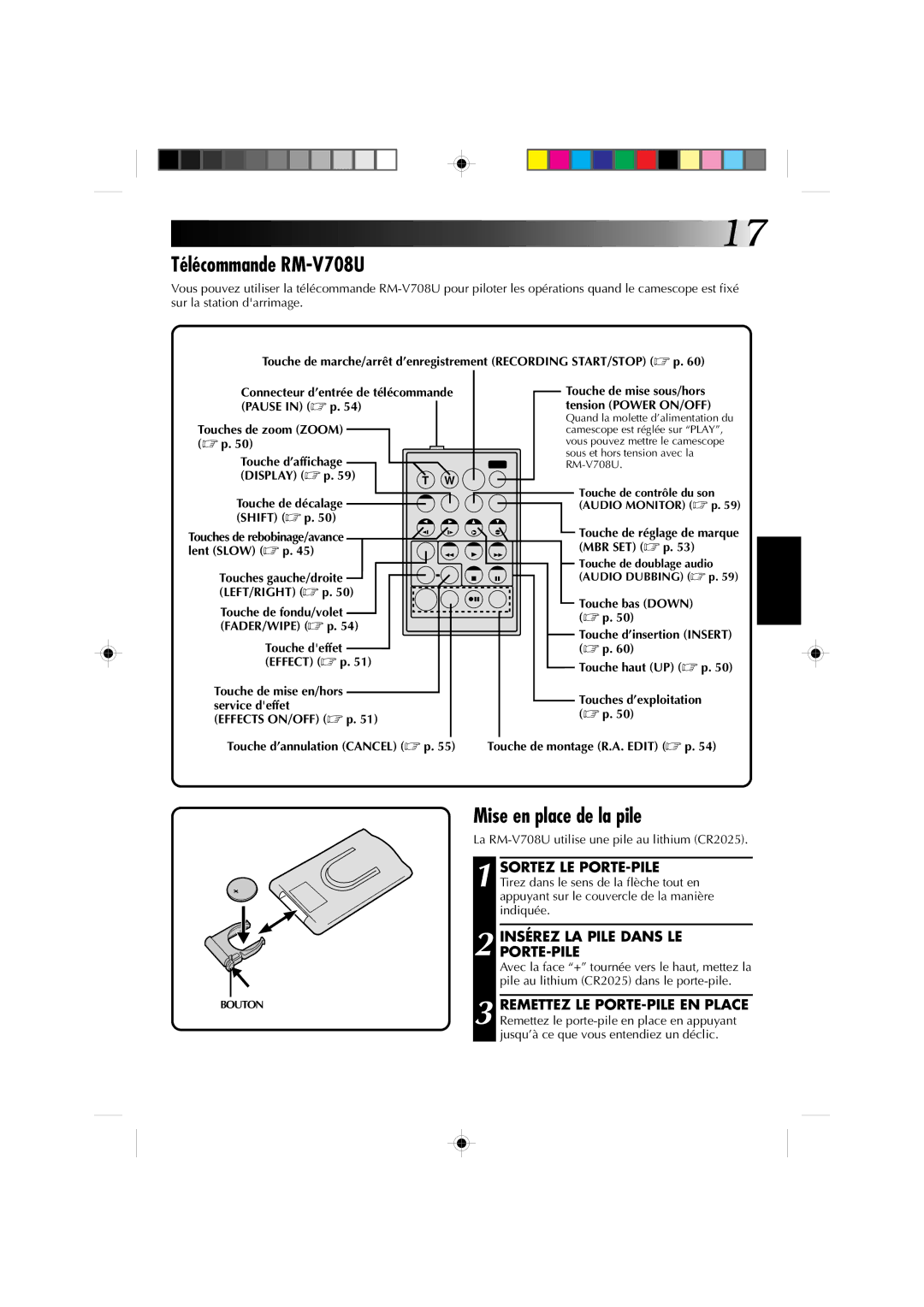 JVC GR-DV1 manual Télécommande RM-V708U, Mise en place de la pile 