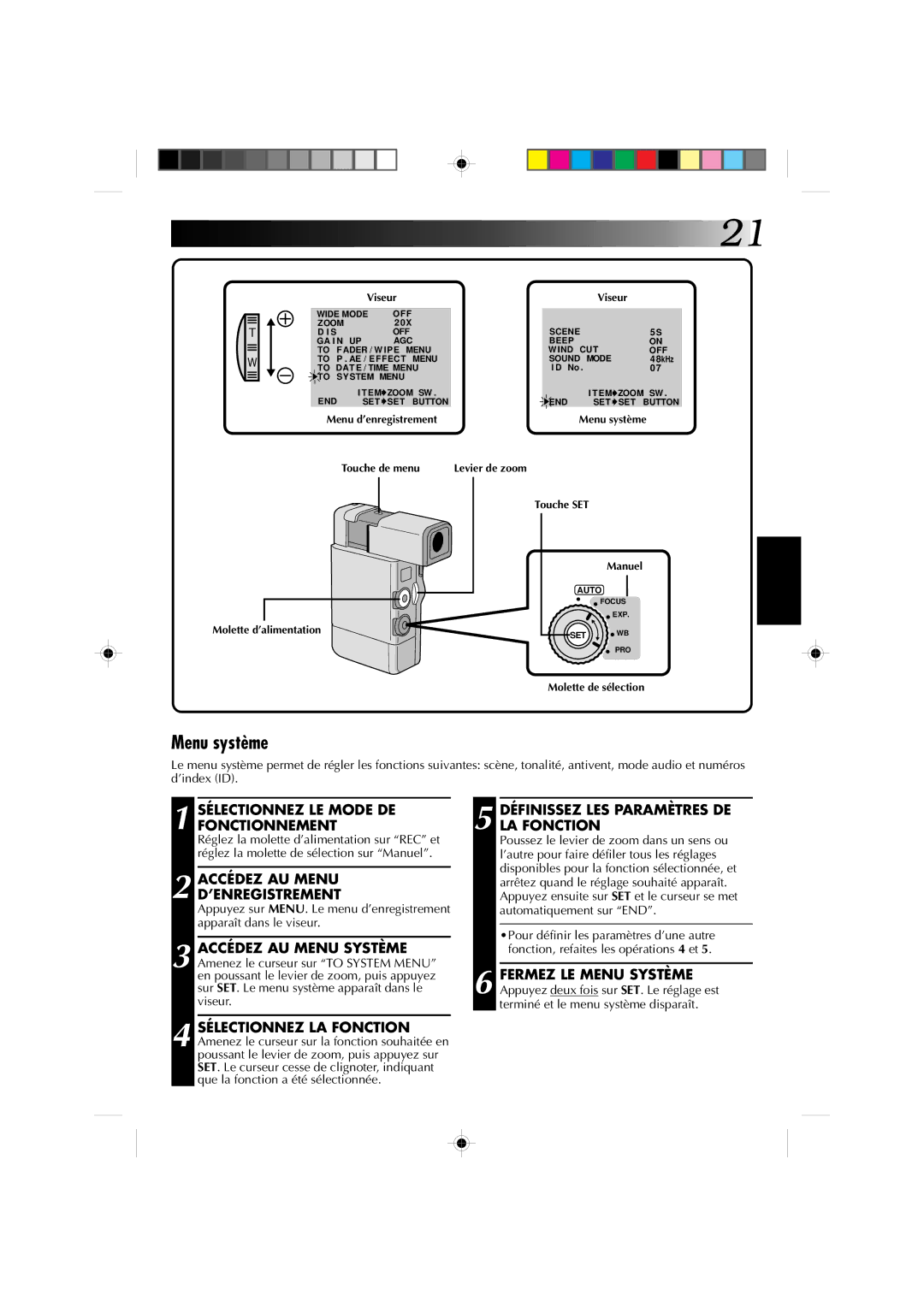 JVC GR-DV1 manual Menu système, Définissez LES Paramètres DE LA Fonction, Levier de zoom Touche SET Manuel 