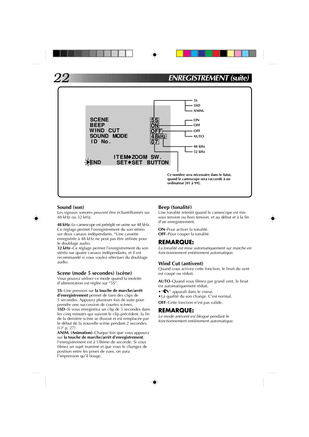 JVC GR-DV1 manual Sound son, Scene mode 5 secondes scène, Beep tonalité, Wind Cut antivent 