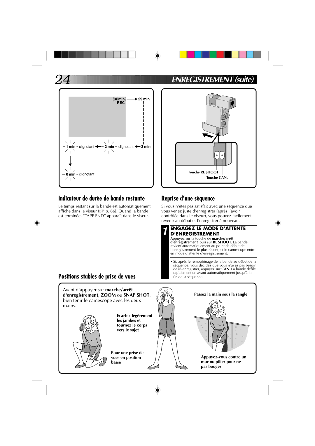 JVC GR-DV1 manual Reprise d’une séquence, Indicateur de durée de bande restante, Engagez LE Mode D’ATTENTE D’ENREGISTREMENT 