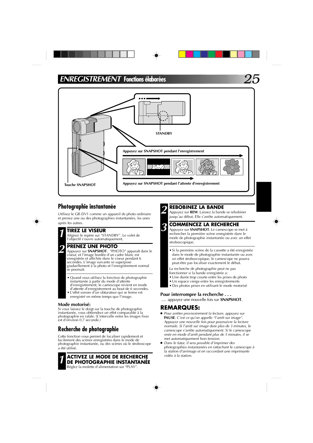 JVC GR-DV1 manual Photographie instantanée, Recherche de photographie 