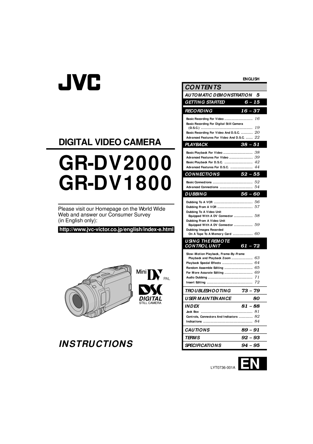 JVC specifications GR-DV2000 GR-DV1800 