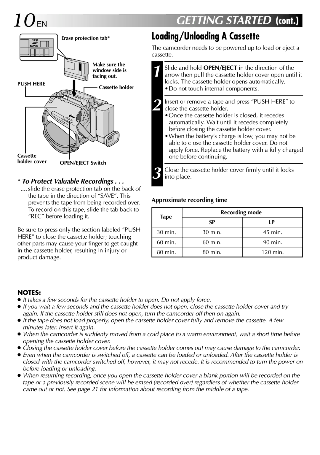 JVC GR-DV1800 specifications 10 EN, Loading/Unloading a Cassette 