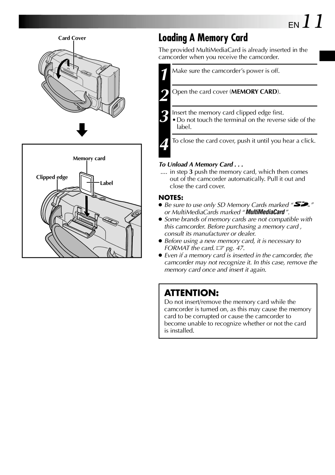 JVC GR-DV1800 specifications Loading a Memory Card, EN11, To Unload a Memory Card 