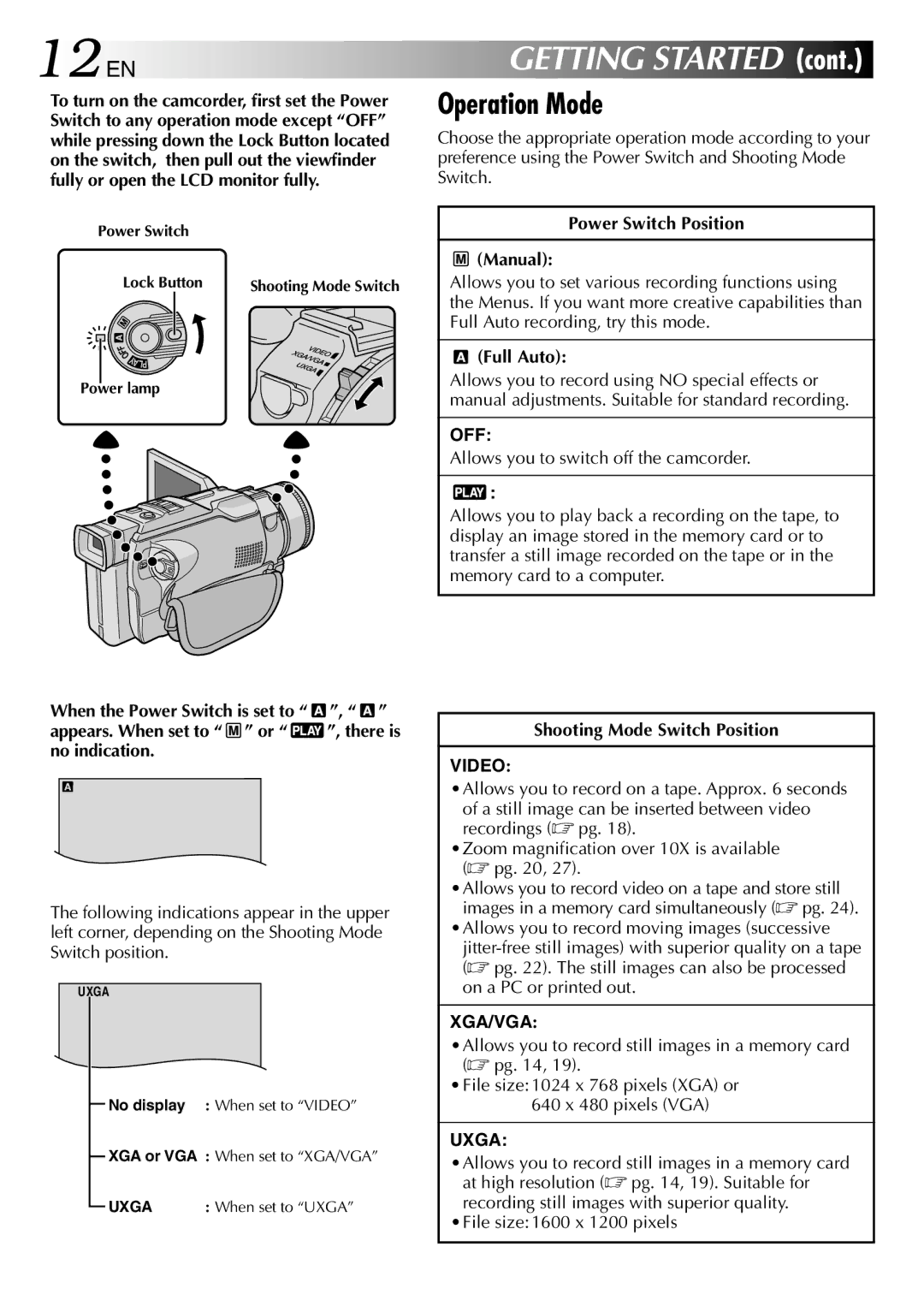 JVC GR-DV1800 specifications 12 EN, Operation Mode, Power Switch Position Manual, Full Auto, Shooting Mode Switch Position 