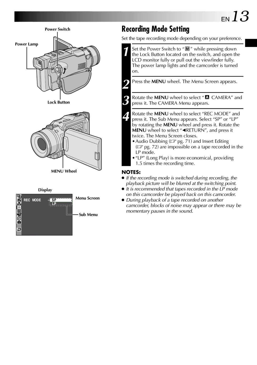 JVC GR-DV1800 specifications Recording Mode Setting, EN13 