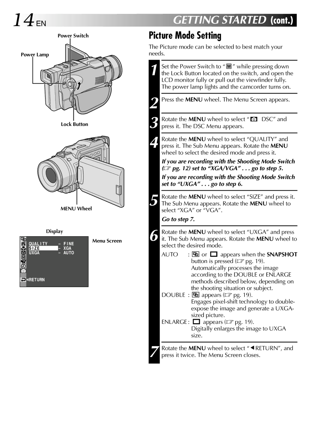 JVC GR-DV1800 specifications 14 EN, Picture Mode Setting, Go to step 