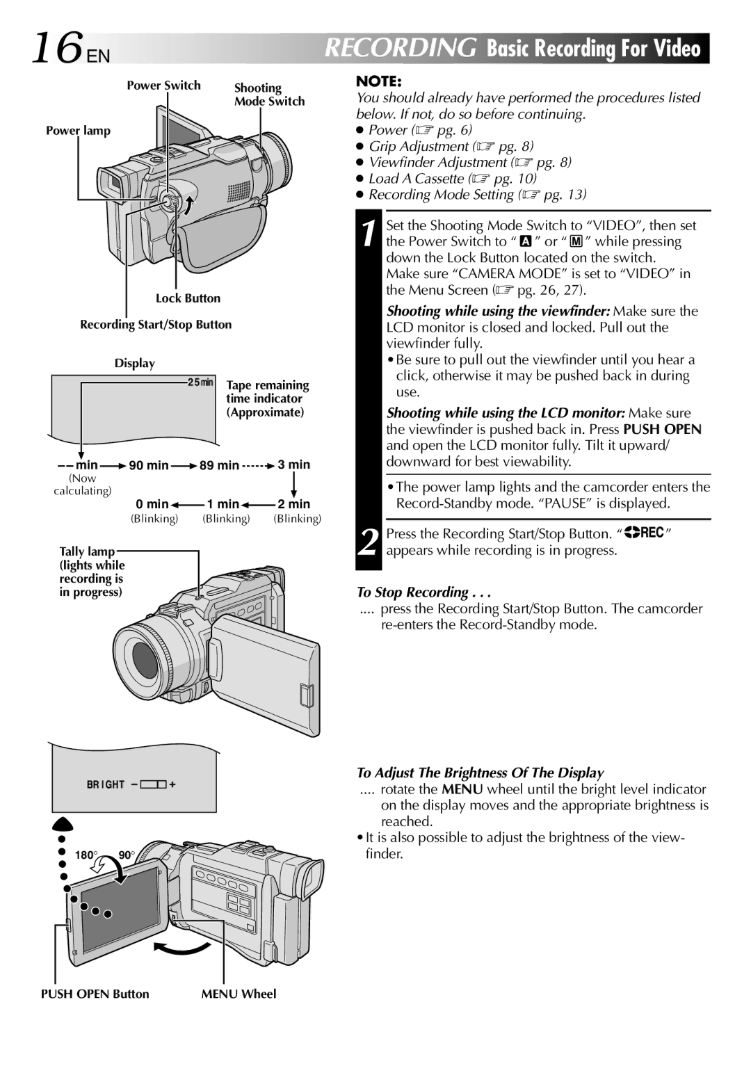 JVC GR-DV1800 specifications 16 EN, To Stop Recording, To Adjust The Brightness Of The Display 