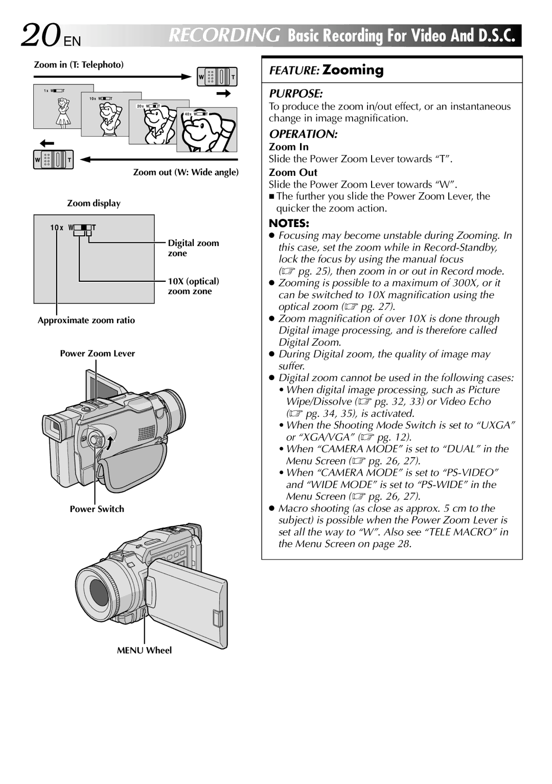 JVC GR-DV1800 specifications 20 EN, Slide the Power Zoom Lever towards T, Zoom Out 