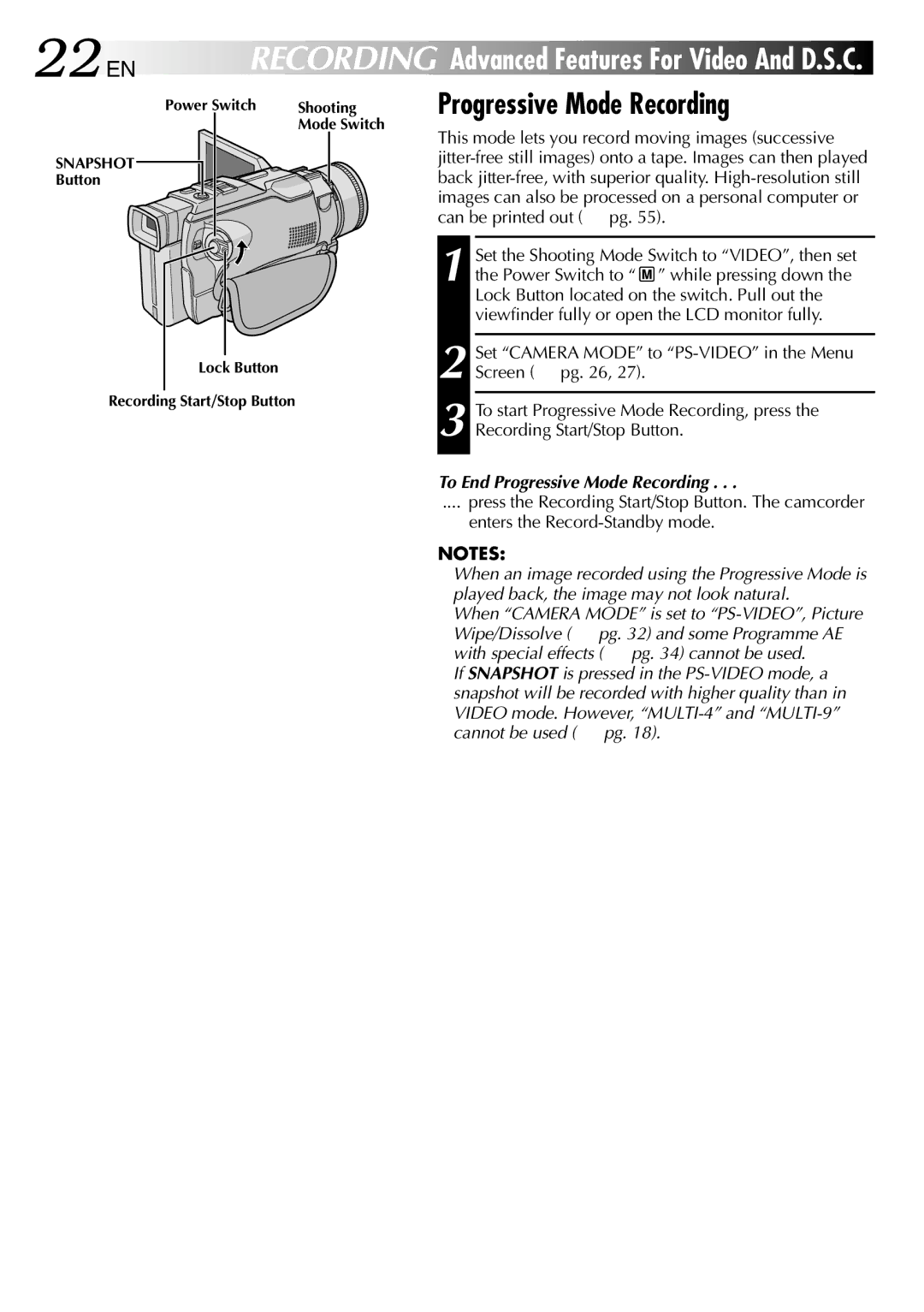 JVC GR-DV1800 specifications To End Progressive Mode Recording 