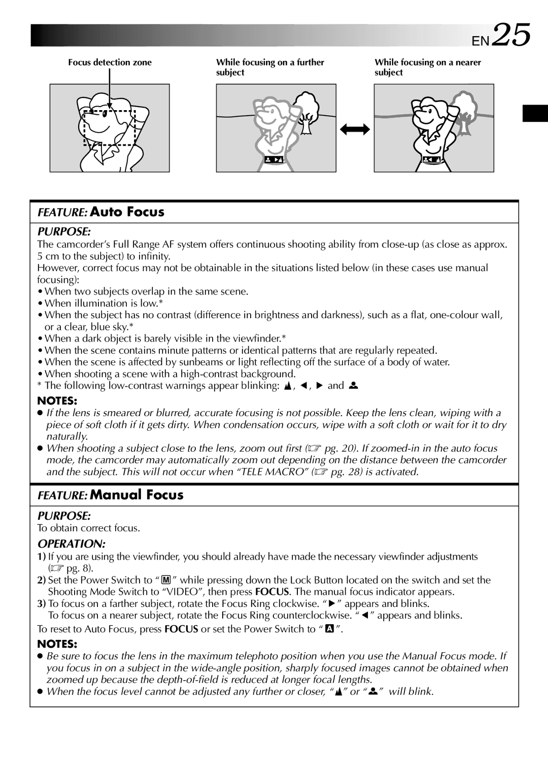 JVC GR-DV1800 specifications EN25, Feature Auto Focus, Feature Manual Focus, To obtain correct focus 