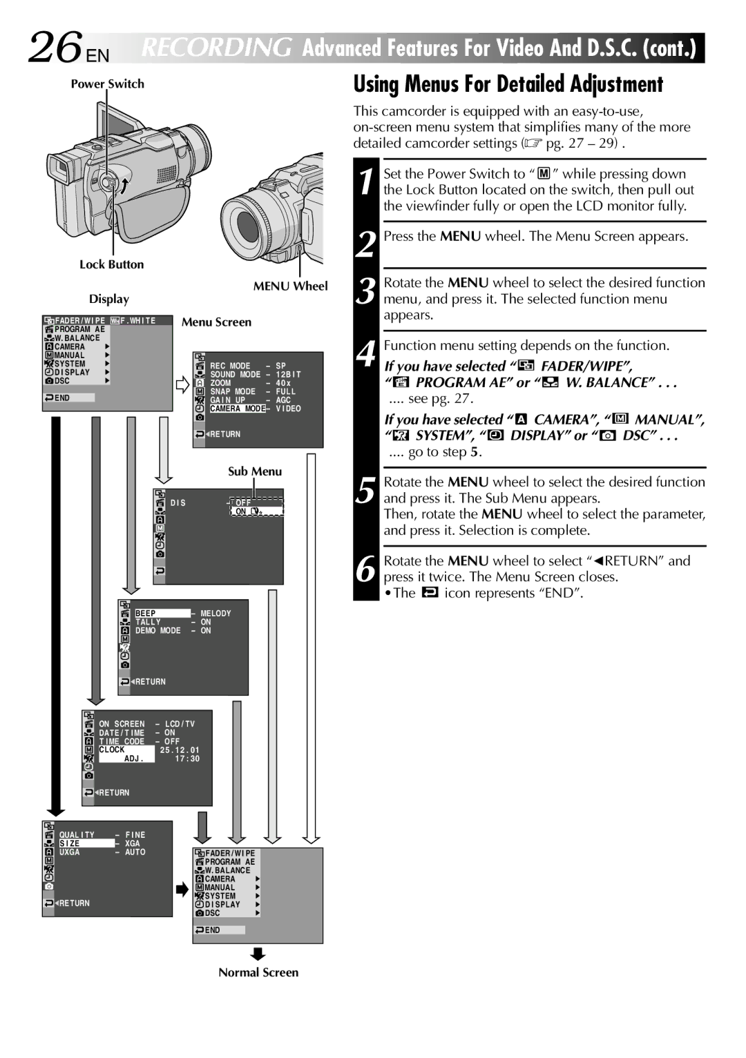 JVC GR-DV1800 Using Menus For Detailed Adjustment, If you have selected FADER/WIPE Program AE or W. Balance, See pg 