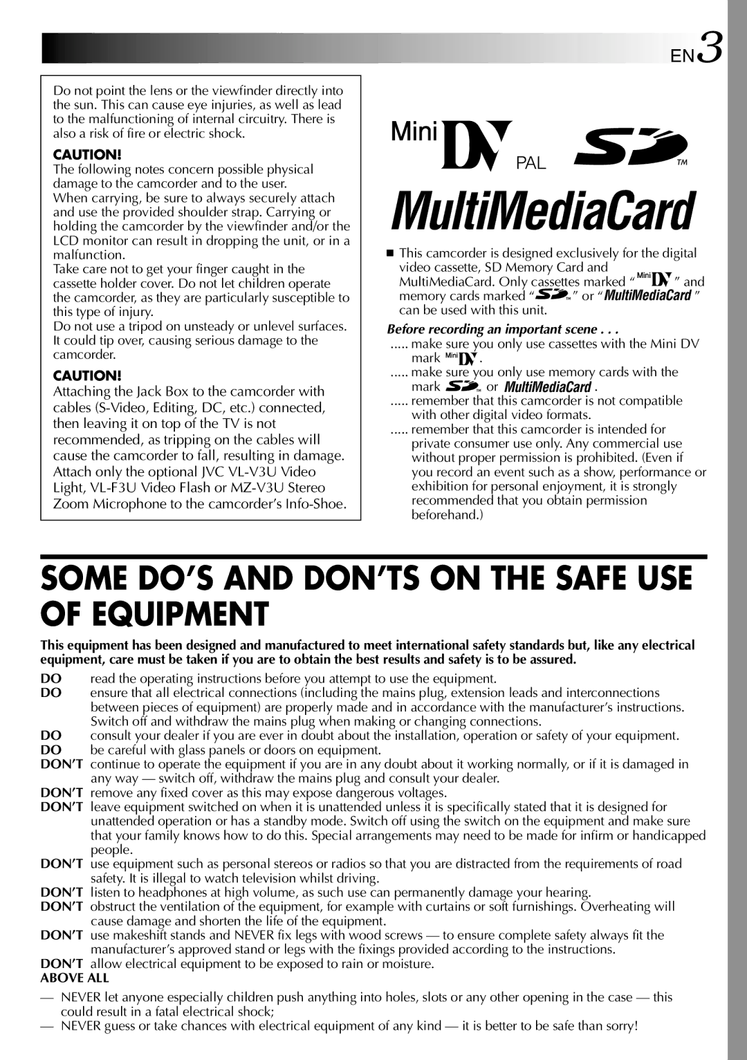 JVC GR-DV1800 specifications Some DO’S and DON’TS on the Safe USE of Equipment 