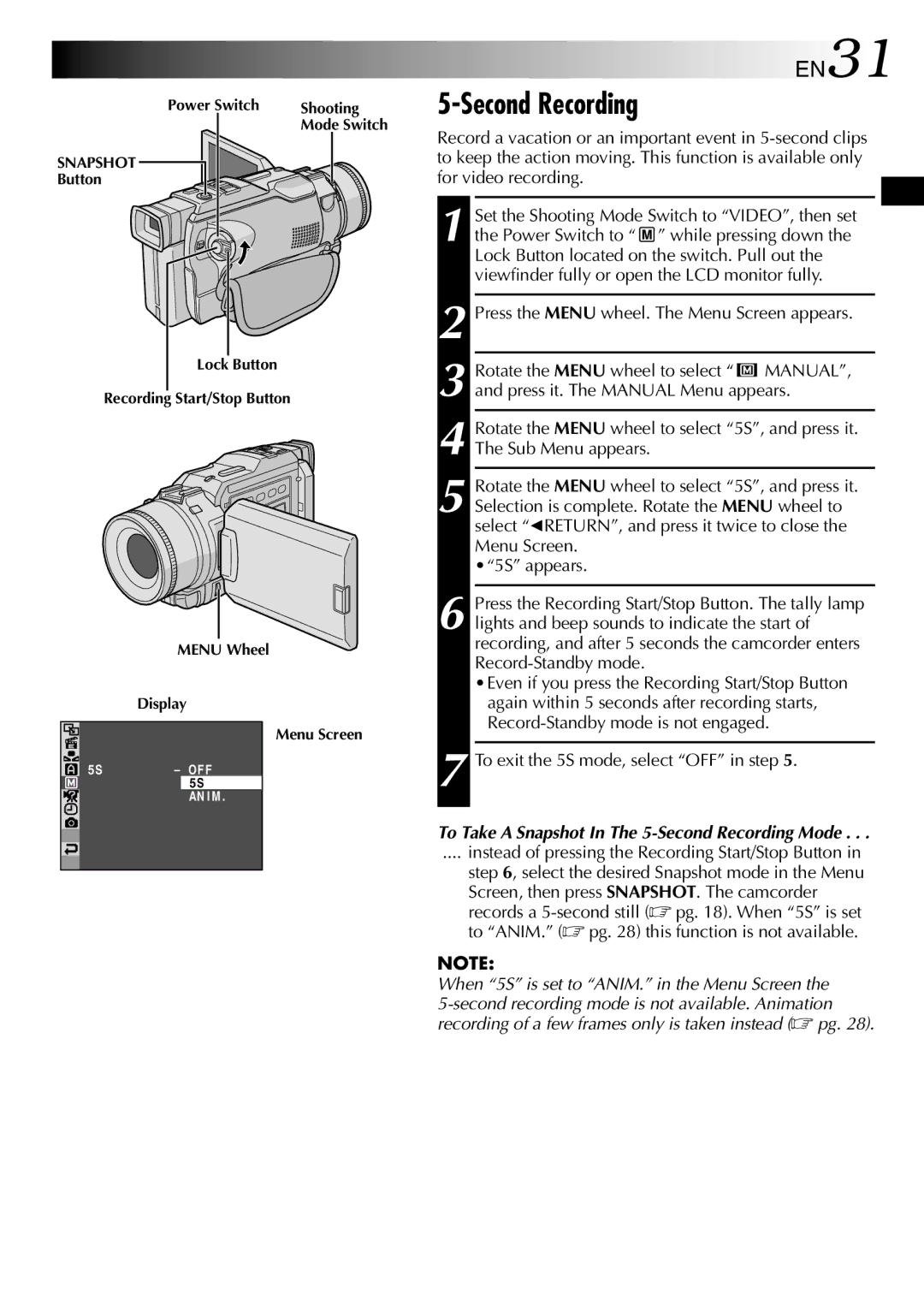 JVC GR-DV1800 specifications Second Recording, EN31, Instead of pressing the Recording Start/Stop Button 