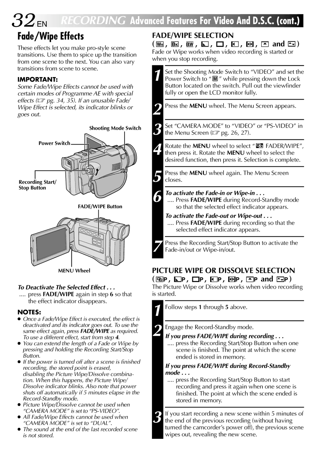 JVC GR-DV1800 specifications Fade/Wipe Effects, FADE/WIPE Selection, Picture Wipe or Dissolve Selection 