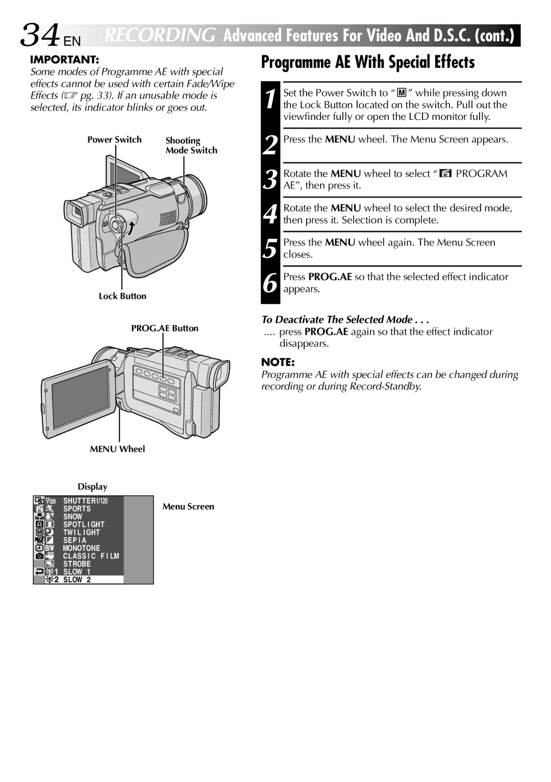 JVC GR-DV1800 specifications Programme AE With Special Effects, To Deactivate The Selected Mode 