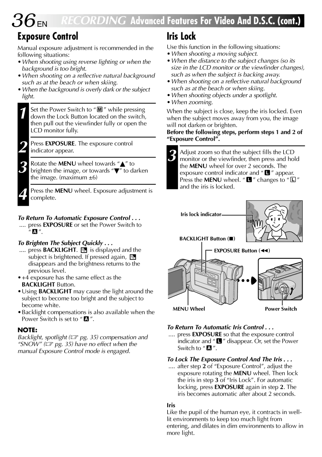 JVC GR-DV1800 specifications Exposure Control, Iris Lock 