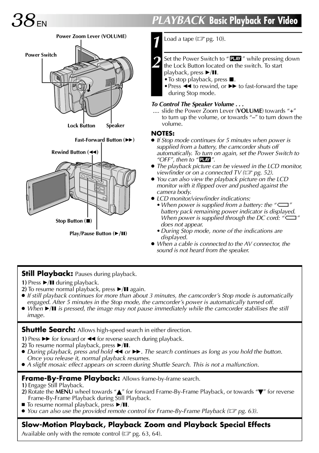 JVC GR-DV1800 specifications 38 EN, To Control The Speaker Volume, Available only with the remote control  pg 