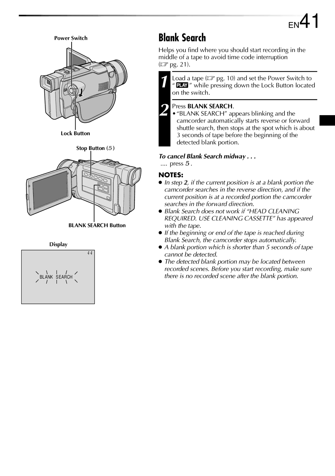 JVC GR-DV1800 specifications EN41, Press Blank Search, To cancel Blank Search midway 