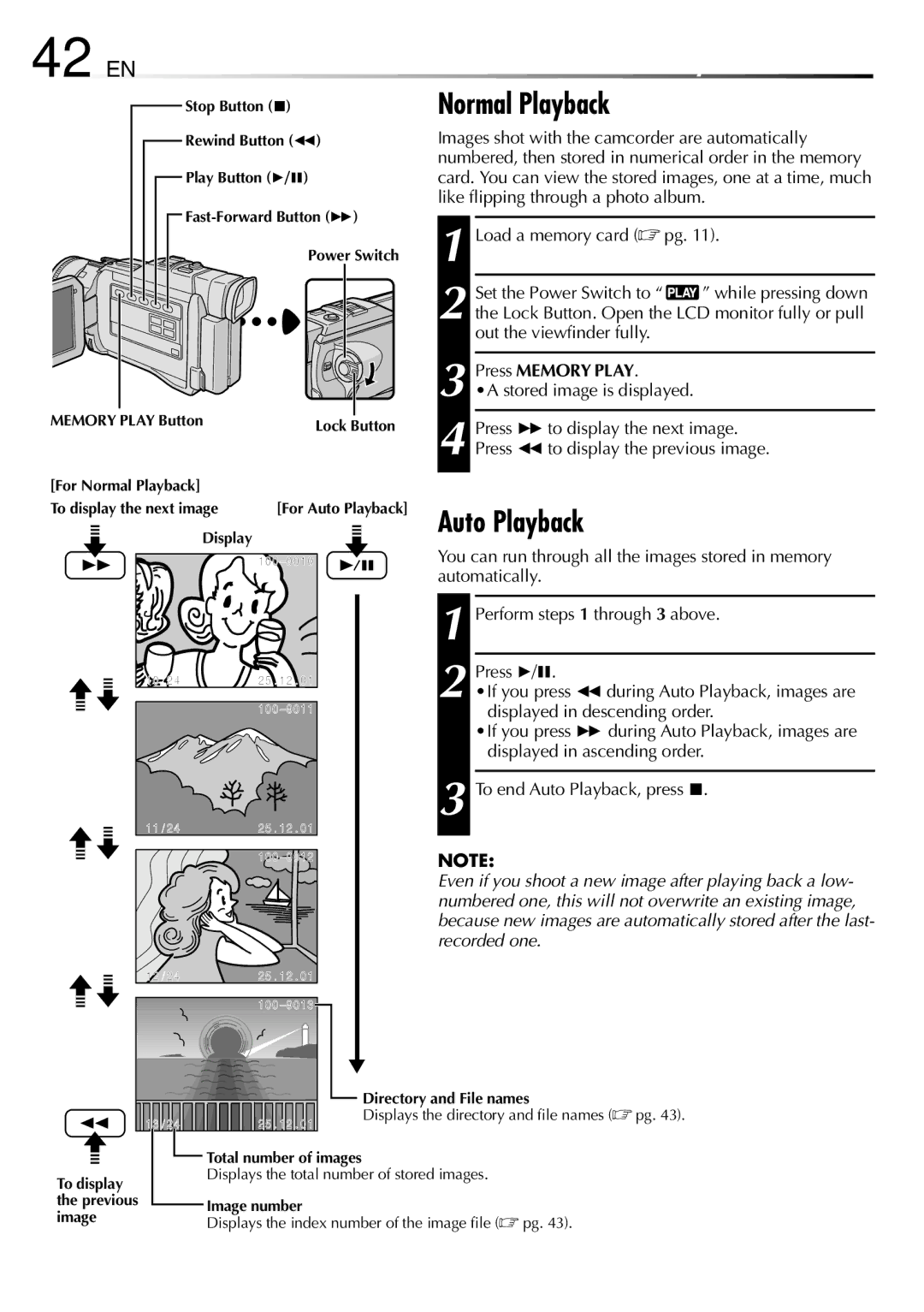 JVC GR-DV1800 specifications 42 EN, Normal Playback, Auto Playback, Press Memory Play 