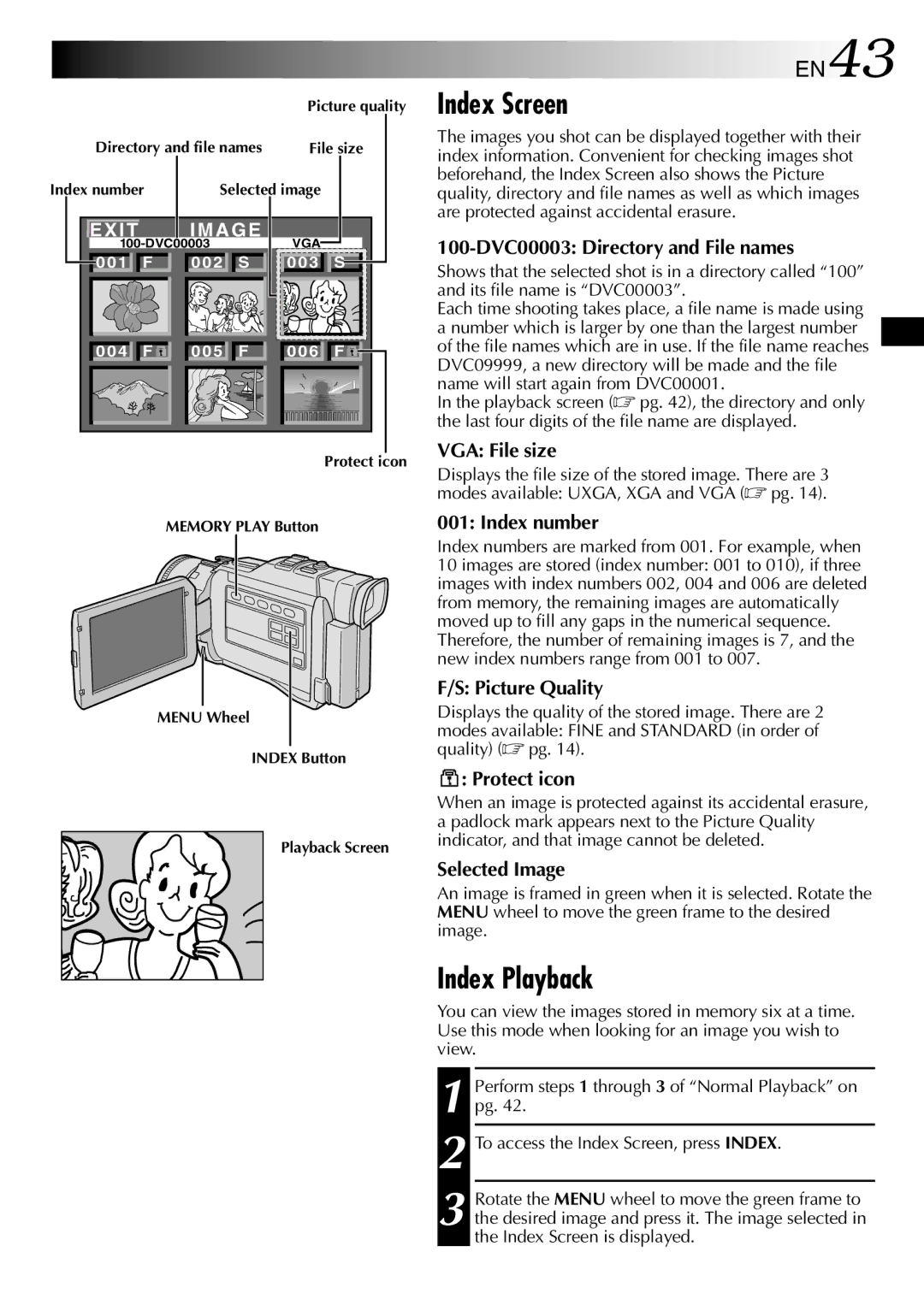 JVC GR-DV1800 specifications Index Screen, Index Playback, EN43 