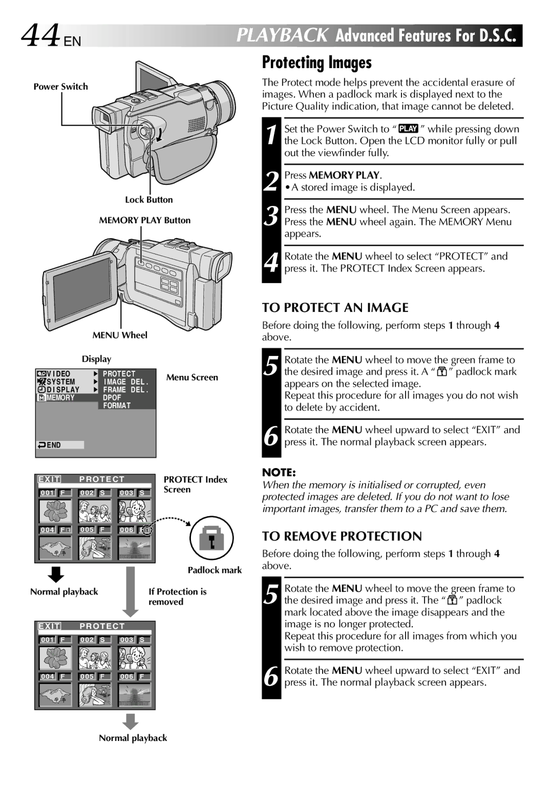 JVC GR-DV1800 specifications 44 EN, Protecting Images, To Protect AN Image, To Remove Protection 