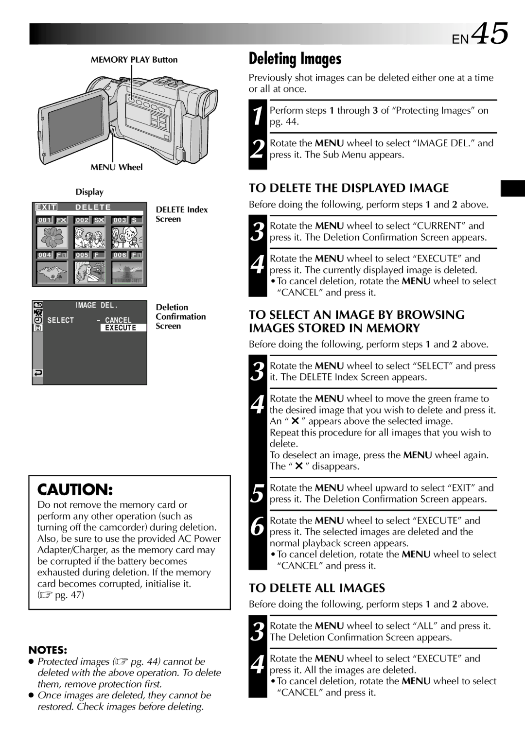 JVC GR-DV1800 specifications Deleting Images, EN45, To Delete the Displayed Image, To Delete ALL Images 