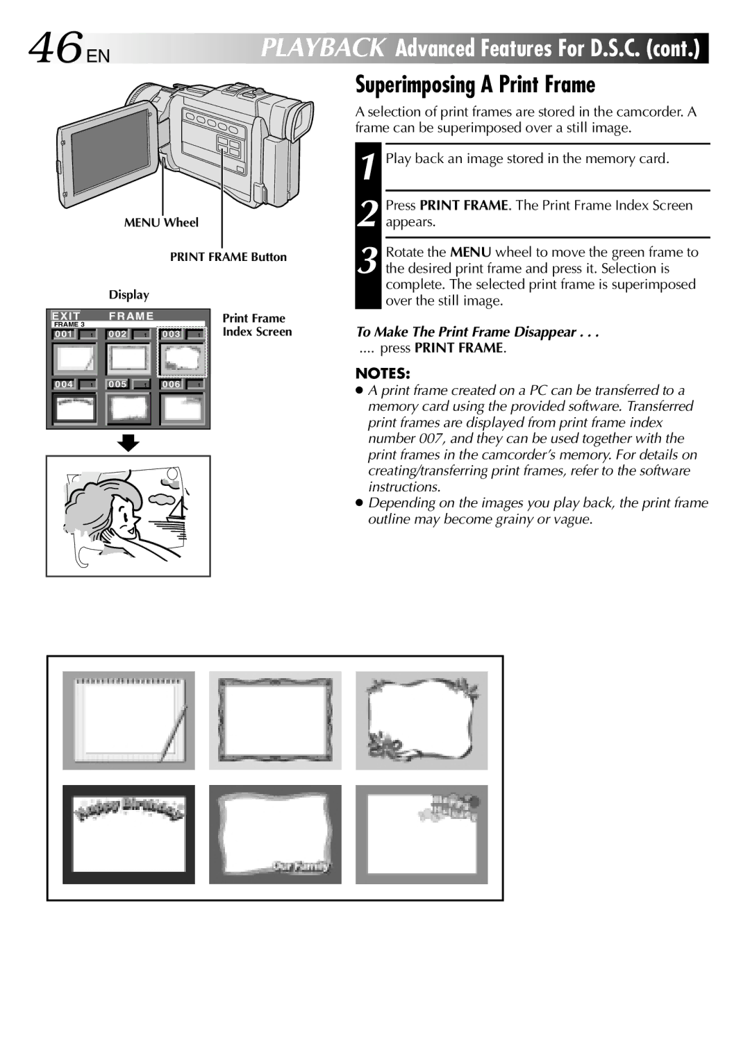 JVC GR-DV1800 specifications 46 EN, Superimposing a Print Frame, To Make The Print Frame Disappear, Press Print Frame 