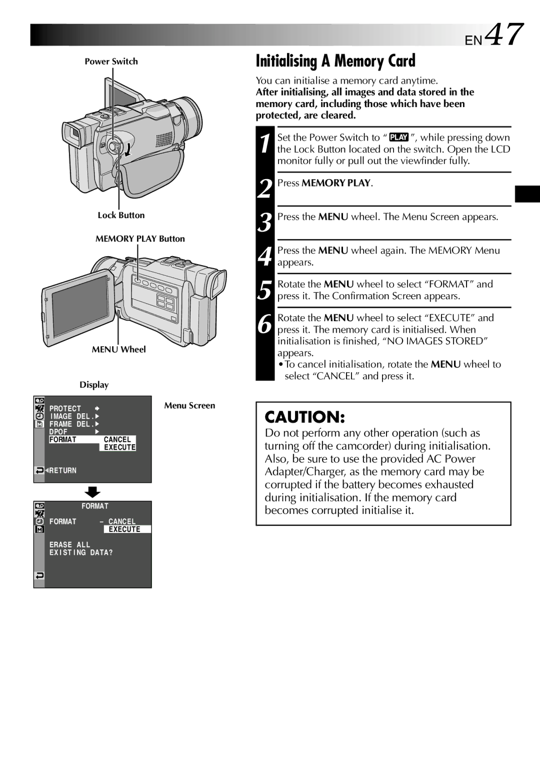 JVC GR-DV1800 specifications Initialising a Memory Card, EN47, You can initialise a memory card anytime 