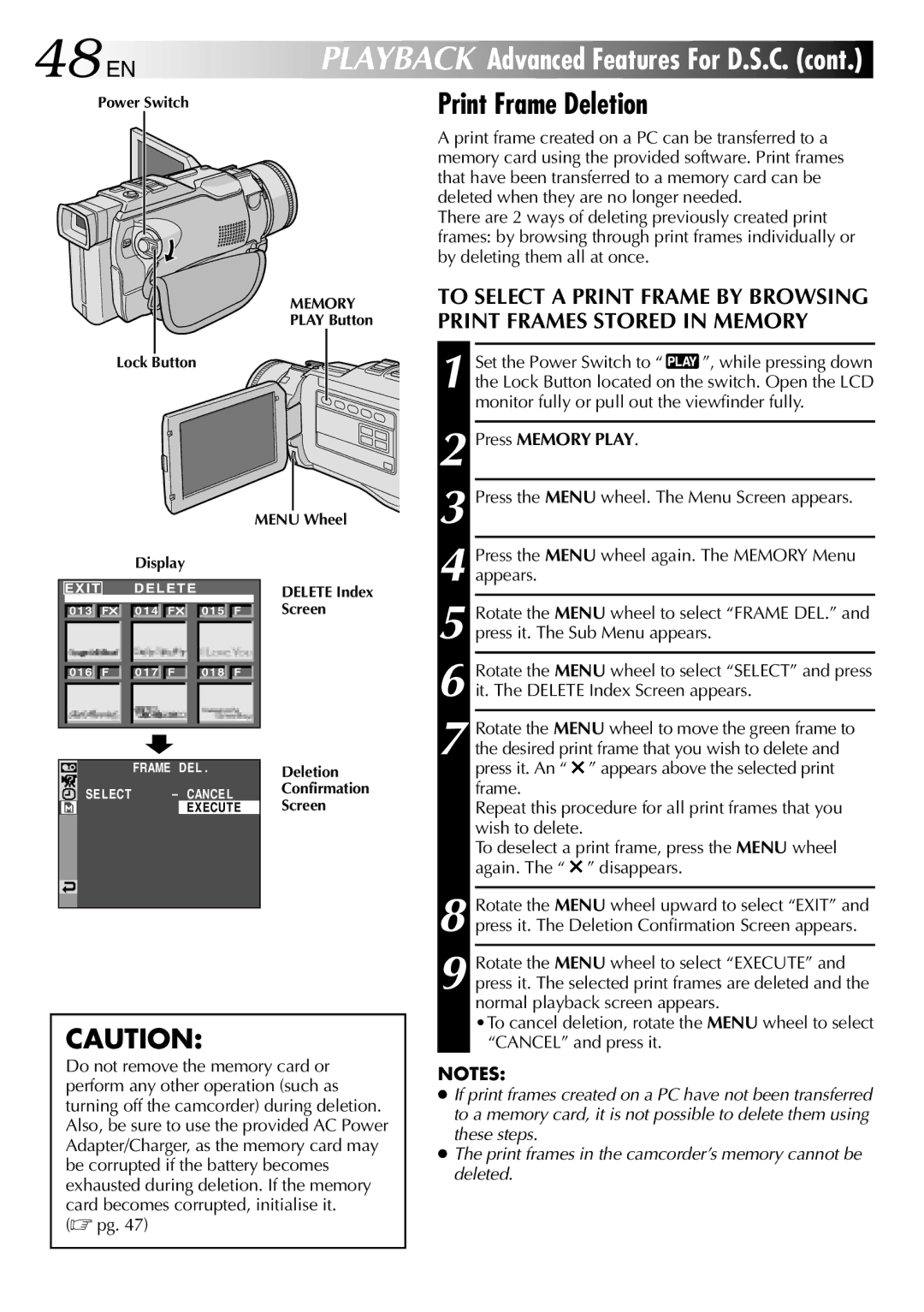 JVC GR-DV1800 specifications 48 EN, Print Frame Deletion 