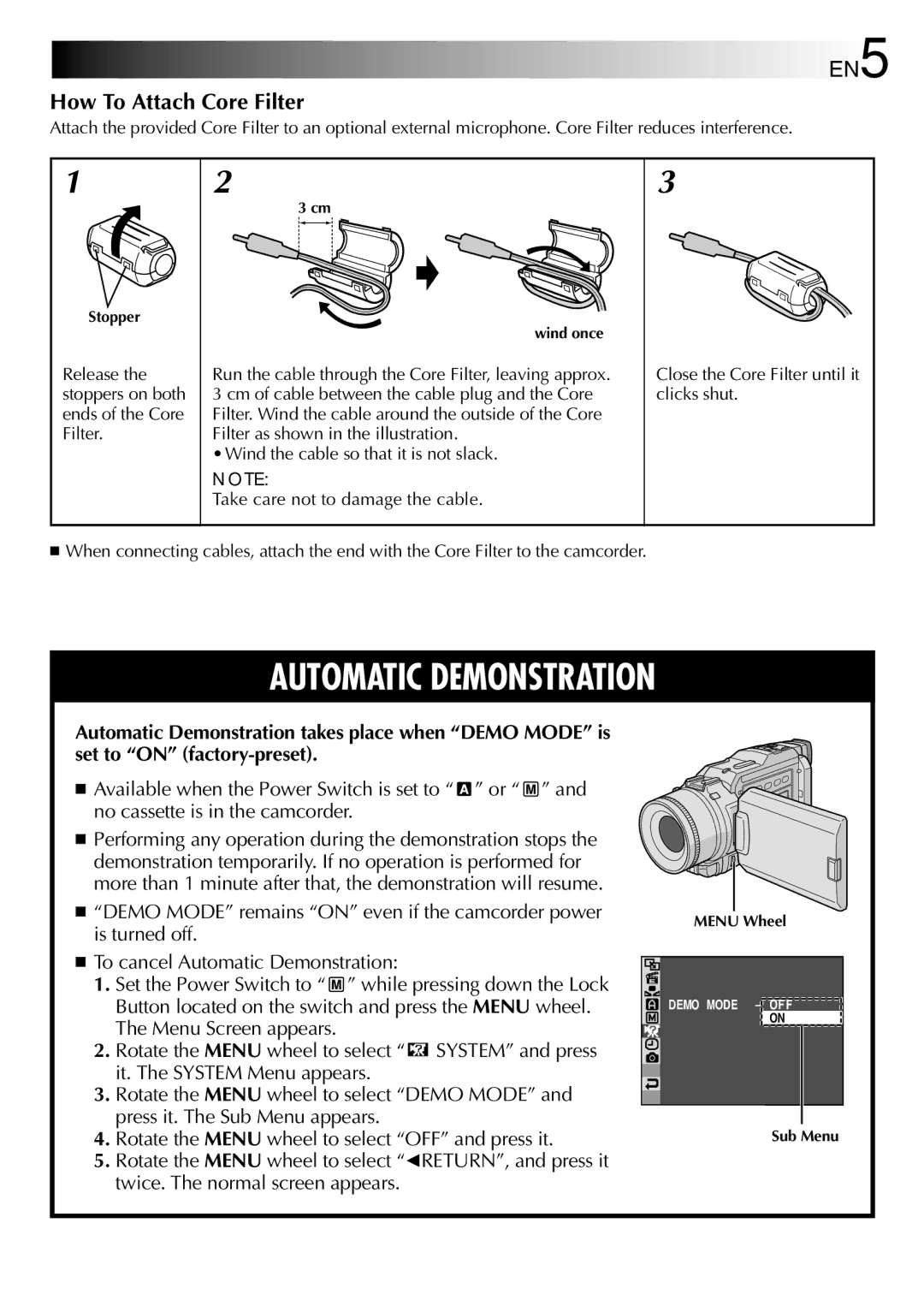 JVC GR-DV1800 specifications How To Attach Core Filter, Release the stoppers on both ends of the Core Filter 