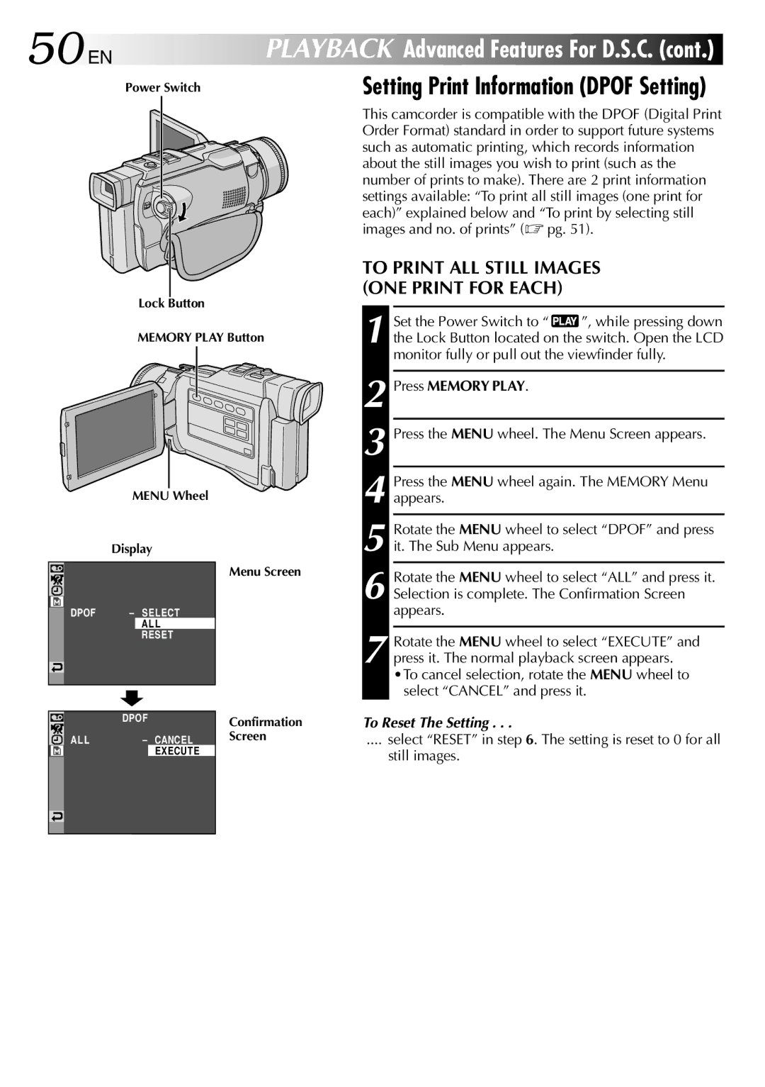 JVC GR-DV1800 specifications Setting Print Information Dpof Setting, To Reset The Setting 