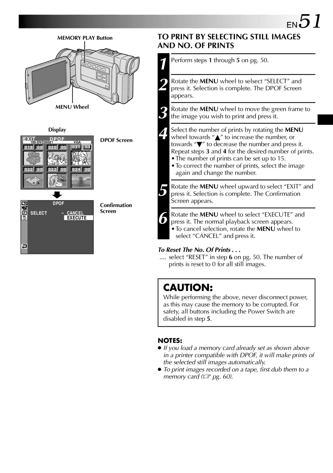 JVC GR-DV1800 specifications EN51, To Print by Selecting Still Images and NO. of Prints, Perform steps 1 through 5 on pg 