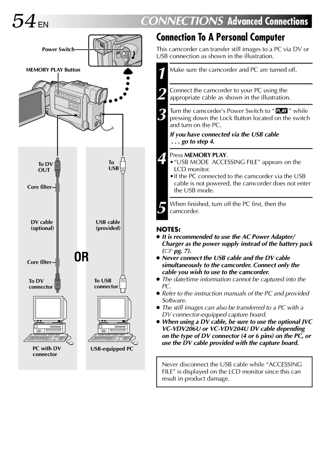 JVC GR-DV1800 54 EN, Connection To a Personal Computer, Turn the camcorder’s Power Switch to While, Turn on the PC 