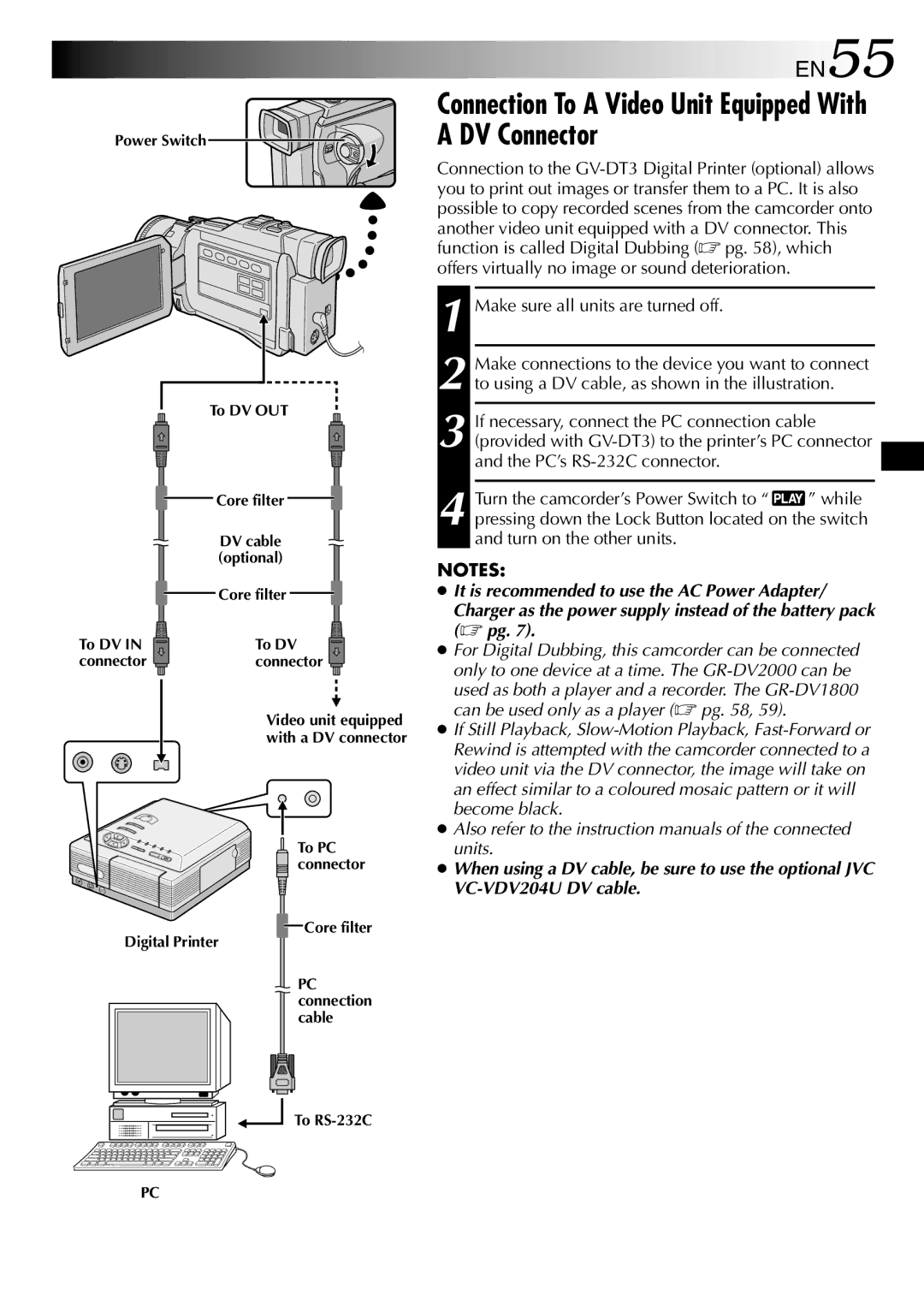 JVC GR-DV1800 Connection To a Video Unit Equipped With a DV Connector, EN55, Make sure all units are turned off 