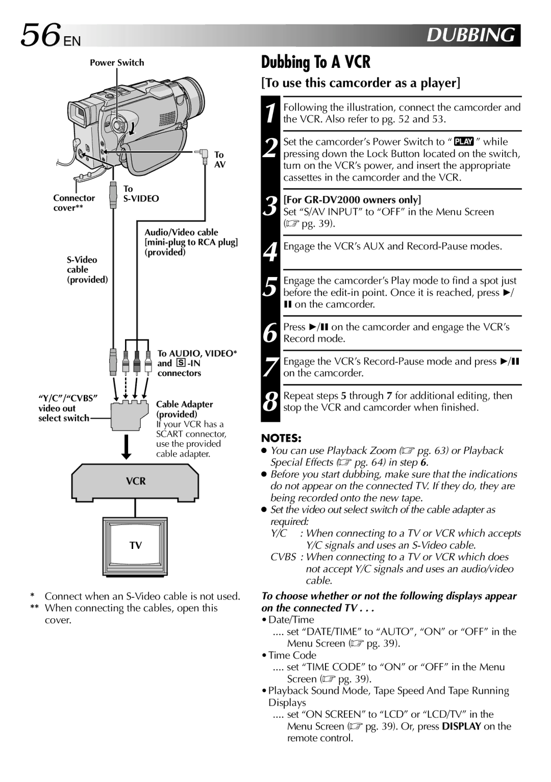 JVC GR-DV1800 specifications 56 EN, Dubbing To a VCR, To use this camcorder as a player, For GR-DV2000 owners only 