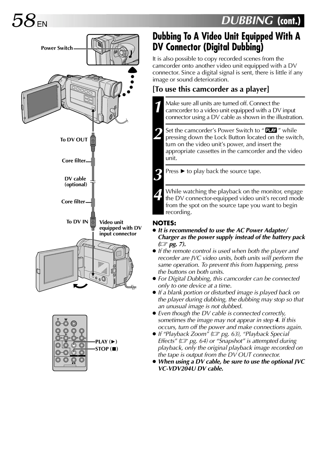 JVC GR-DV1800 specifications 58 EN, Dubbing 